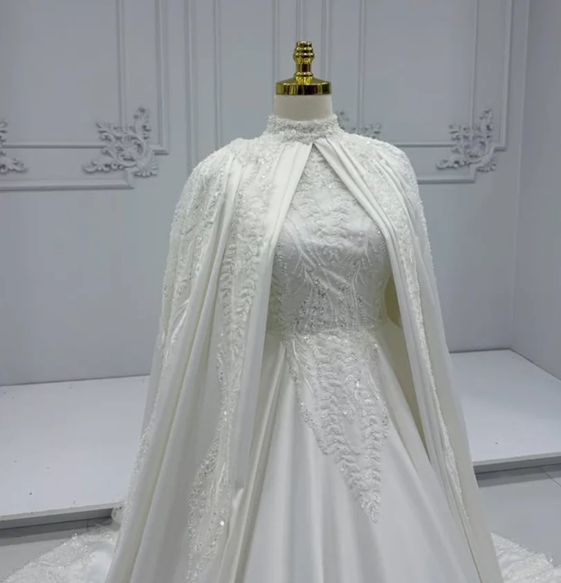 Robes de mariée élégantes musulmanes personnalisées col haut dentelle traînant dubaï robes de mariée pour femmes с iyoдебное pлаalı