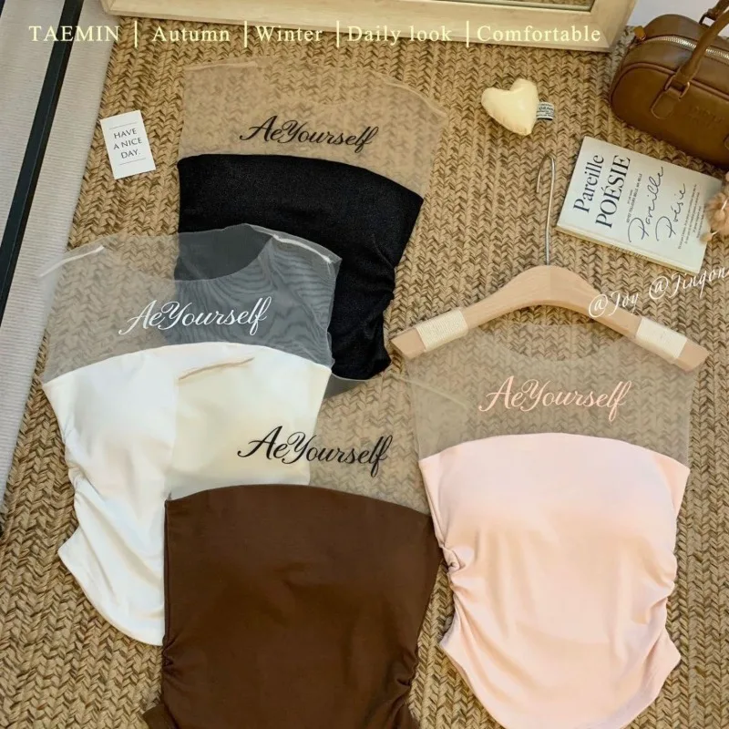 2026 Pure Desire Spice Girl Letter Printing Splicing Mesh Tube Top Women's Chest Pad Pleated Waist Fashion Versatile Top