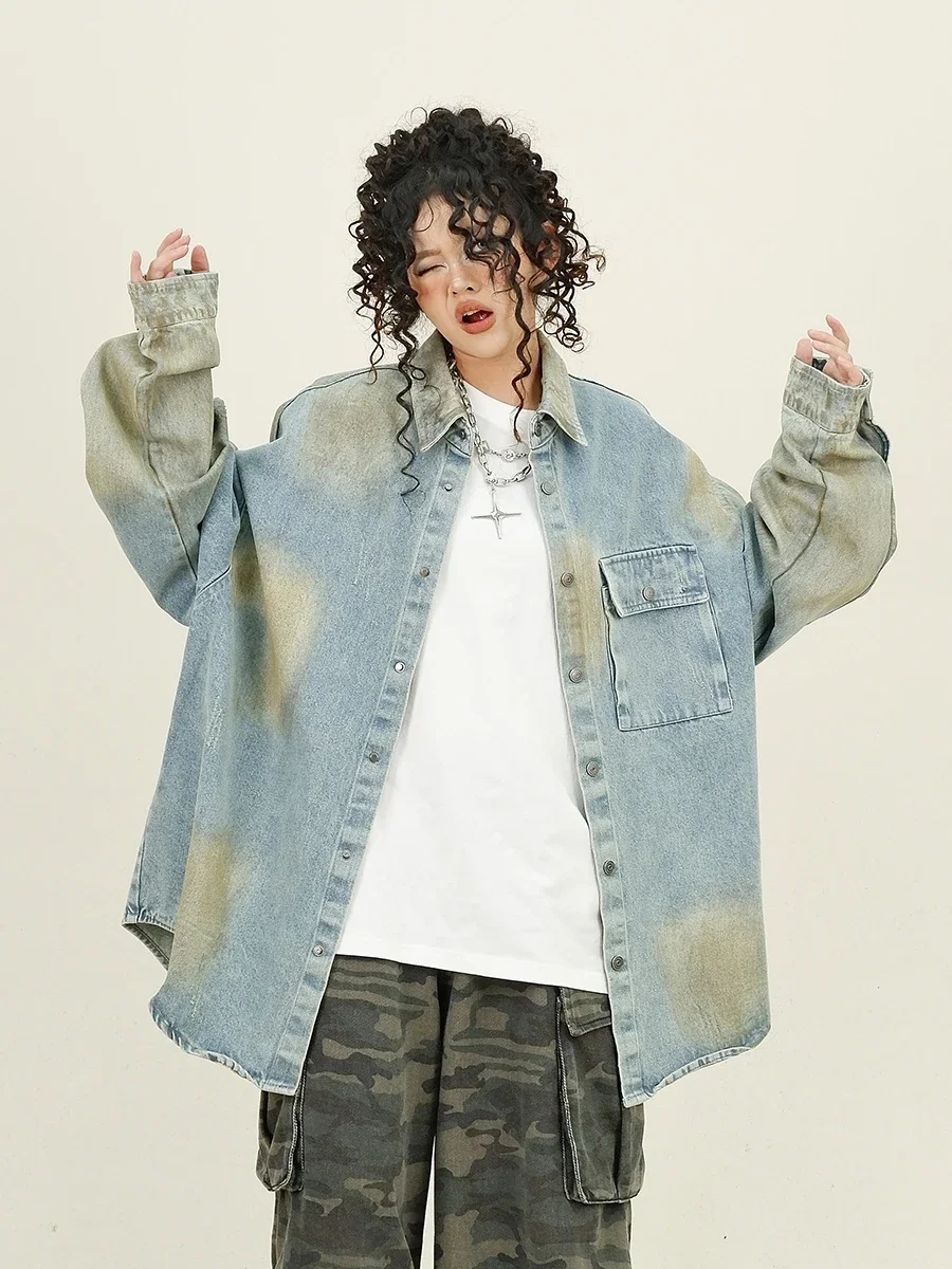 Dirty Wash Denim Long-sleeved Shirts 2024 Autumn New Loose Bf American Retro Versatile Jacket Trendy Girl