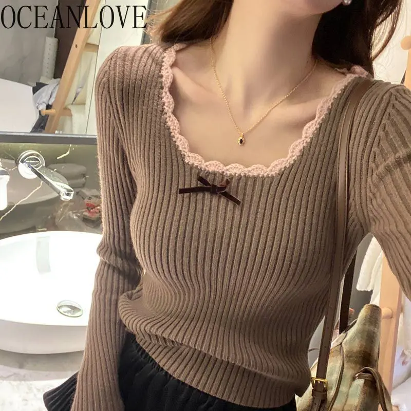 OCEANLOVE Lace Ruffles Women Sweaters Y2k Bow Contrast Color Autumn Winter Short Pullovers Korean Fashion Retro Pull Femme