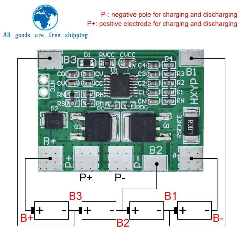 

Плата защиты аккумуляторных батарей LiFePO4 / литиевых (BMS 4S 3.2V 3.7V 8A) для сборок 12.8V 14.4V 18650 32650 с ограничением тока 20А