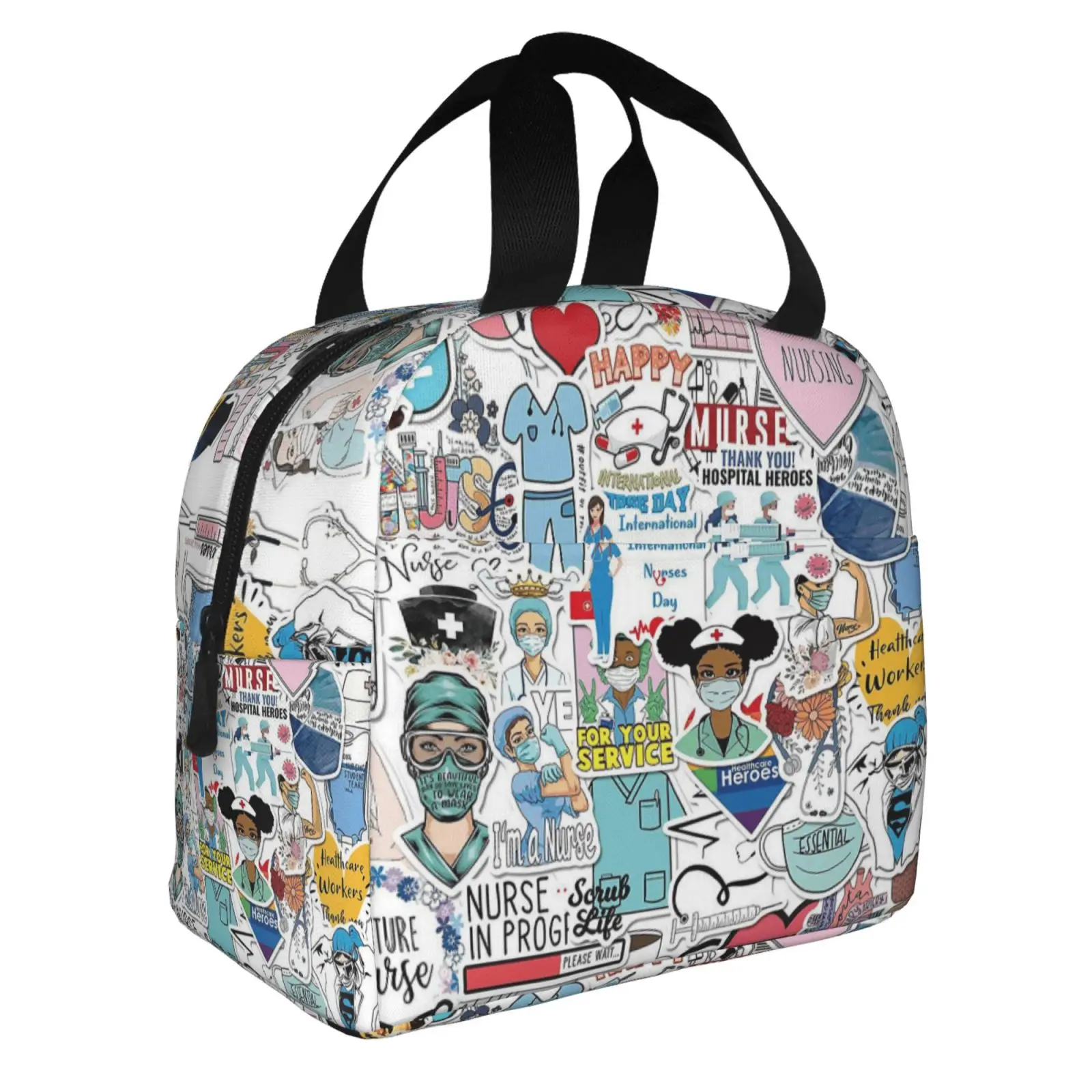 Nurse Collage Art Print Insulated Lunch Bag, Portable Cooler Tote Bag Nurse Appreciation Gift for Healthcare Workers