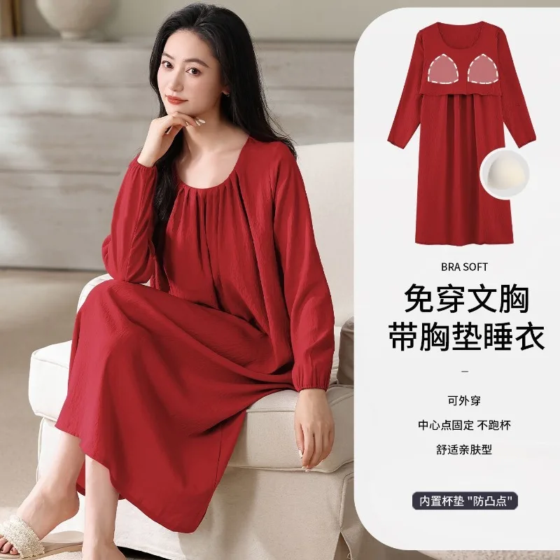 Neue Frühlings- und Herbst-Damen-Schlafbekleidung mit Brustpolsterung, Langarm-Loungewear für Studentinnen, Lässige Hauskleidung für Damen in Übergröße