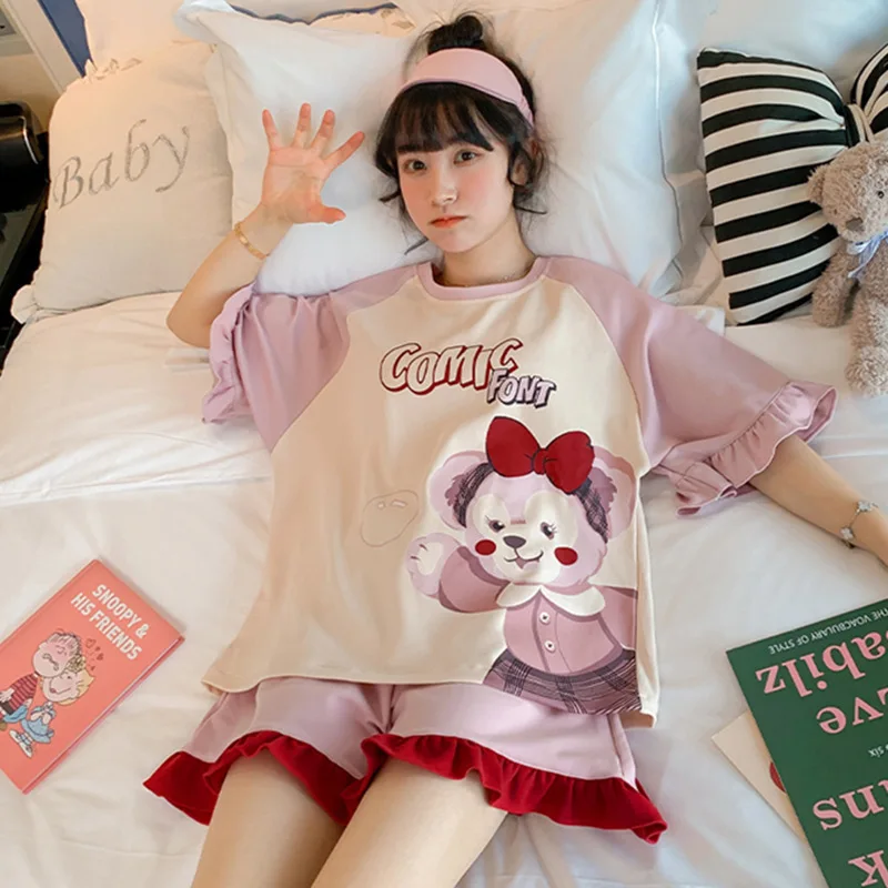 Two-Piece Sets of Pajamas Spring and Autumn New Cartoon Bear Students Wear Homewear Set Women\'s Long-Sleeved Pajamas Pullover