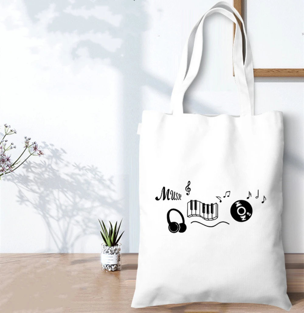 Rock Music Cat Canvas Tote Bag, Vintage Drum Notes Print Reusable Shoulder Bag, Aesthetic Handbag for Music Lovers, Gift