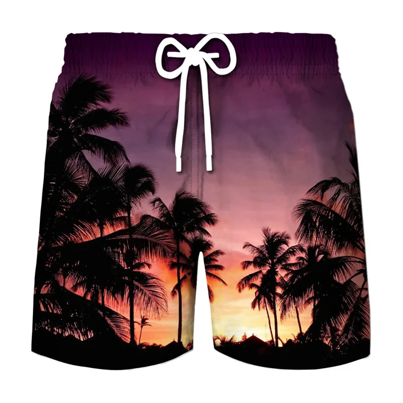 

Hawaii Coconut Tree 3D Printed Short Pants Natural Scenery Sunset Graphic Trunks Fashion Surfing Vacation Men Beach Short Trunks