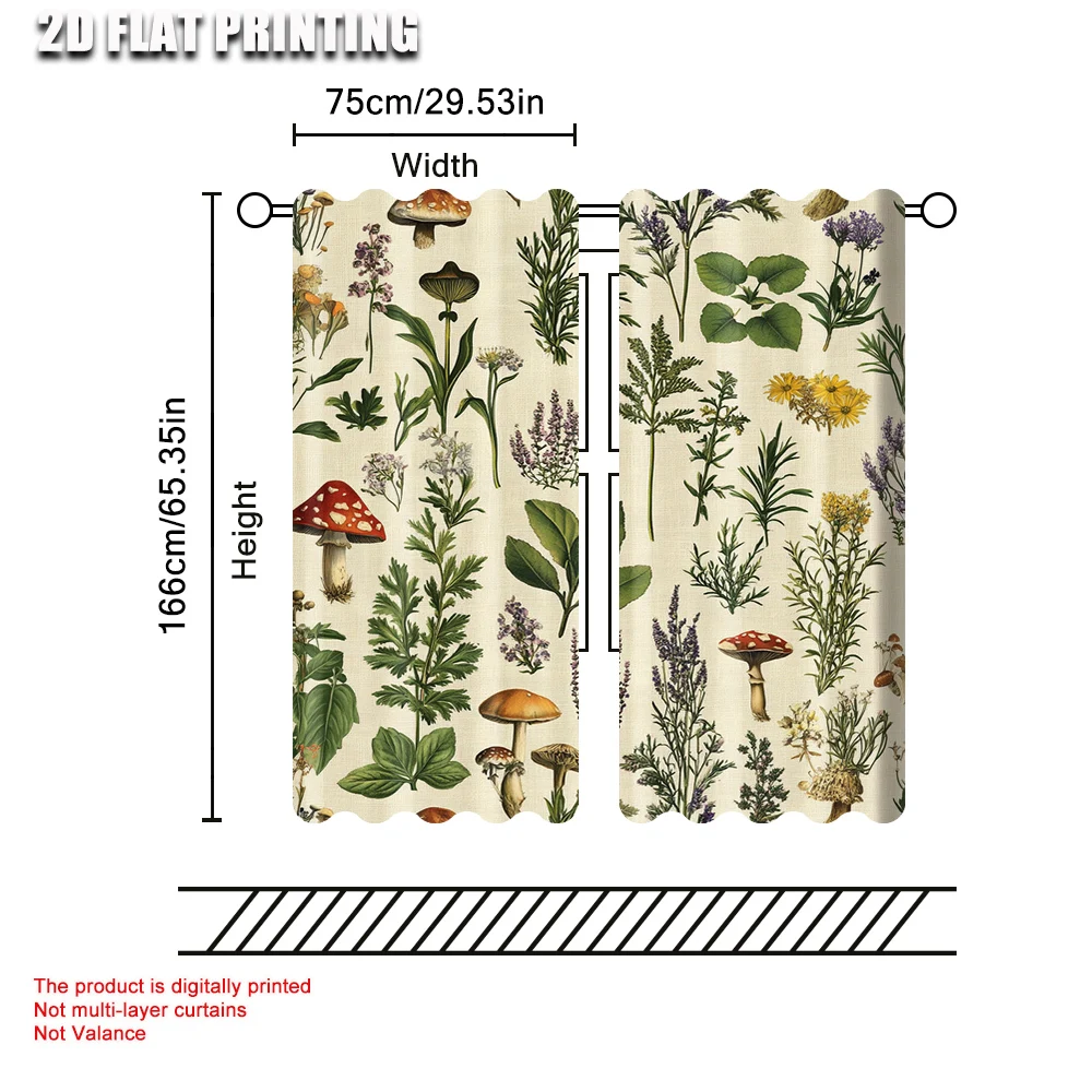 2pc,Curtains Botanical Plants Herbs Mushroom Protecting Privacy Spring Party & Holiday Decor Suitable for aesthetic room decor