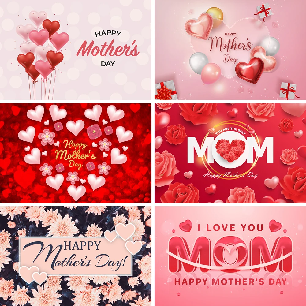 

I Love Mom Happy Mother's Day Photography Background Pink Floral Rose Heart Ladies Birthday Backdrop Decor Photo Booth Props