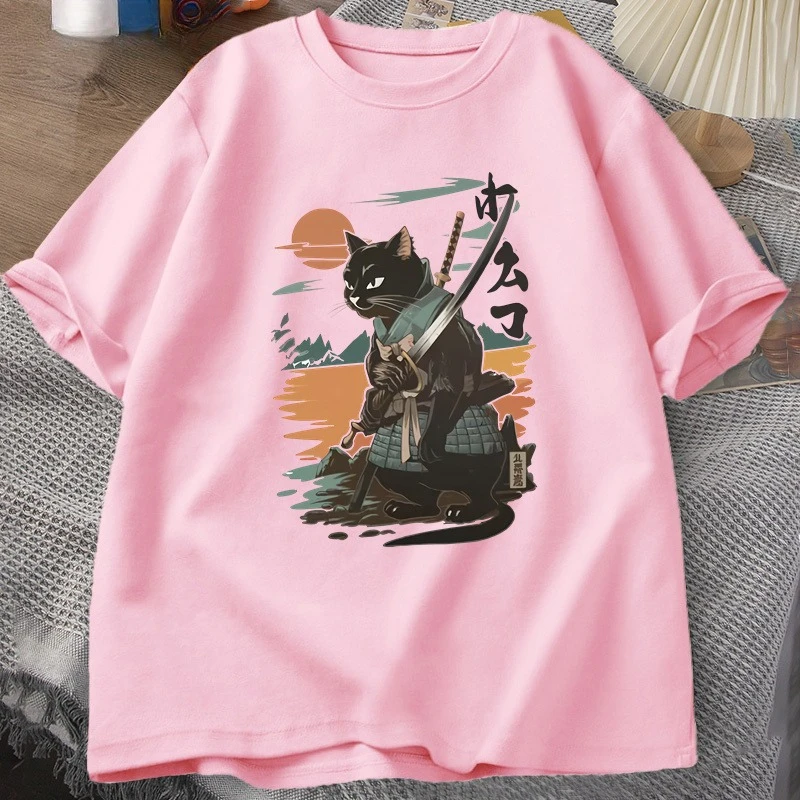 جديد الساموراي القط تي شيرت النمط الياباني القط مصمم خمر التي شيرت عادية الرجال الجرافيك القطن قصير الأكمام للجنسين تنفس #4