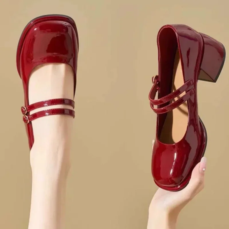 Vintage Mary's Shoes Women's Red Wedding Shoes 2024 Spring Autumn New High Heels Clunky Elegant Single Shoes Rubber Sole