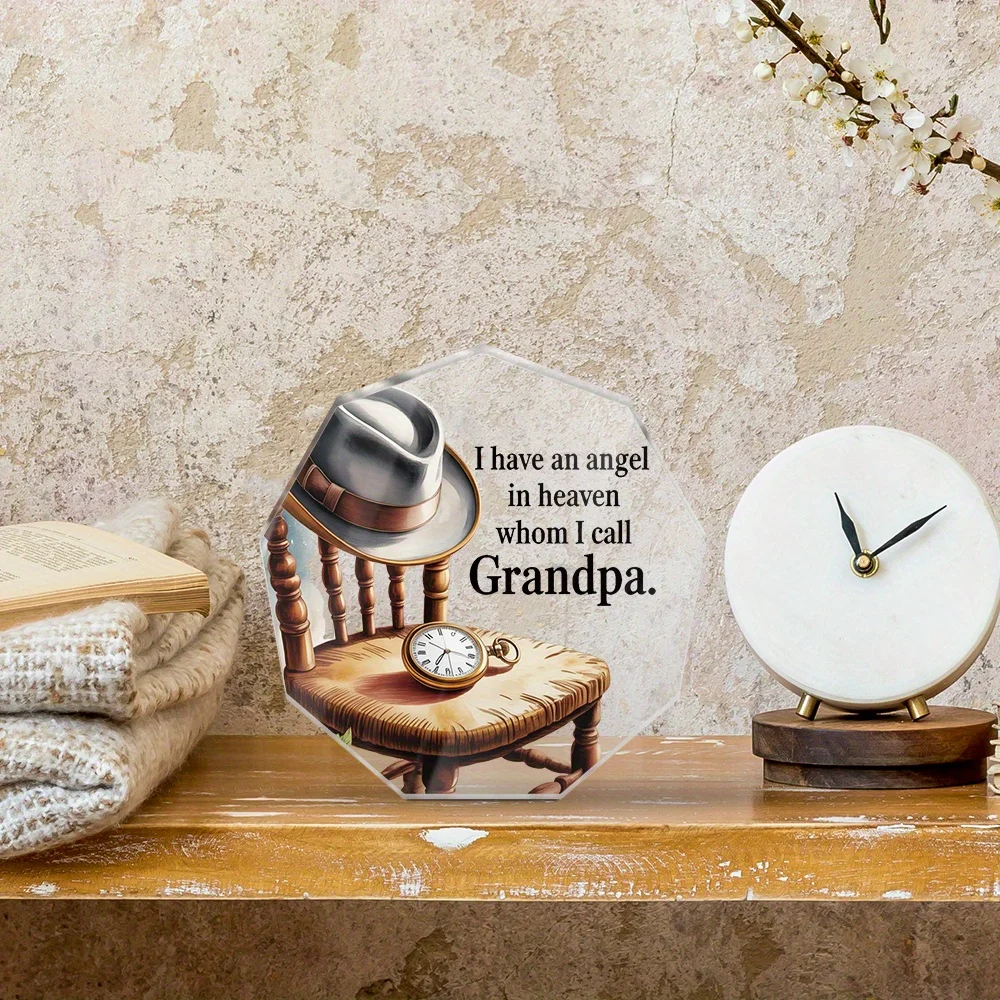 2D， Retro Acrylic Desktop Decoration - Golden Grandpa Clock and Hat Design, Suitable for Home, Office, Room, and Holiday Gifts