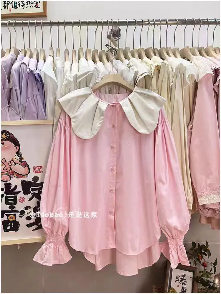 

Women's Shirts Satin Oversized Button Up Shirts Long Sleeve Peter Pan Collar Sweet Girl Preppy Style Korean Casual Blouse Spring