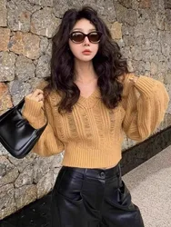 Unique Design Hollow V-Neck Sweater Women's Autumn And Winter Solid Color Versatile Slimming Knit Sweater