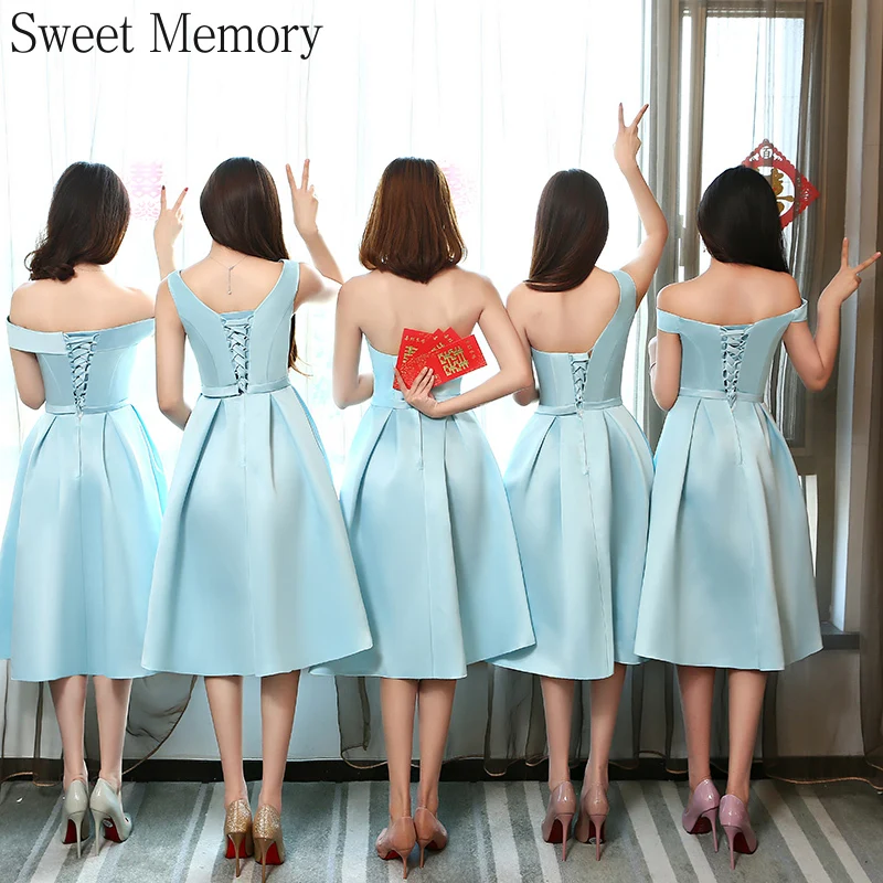 

New Blue Bridesmaid Dresses Champagne Gray Lace Up Tea-Length Prom Graduation Robes Fashion Wedding Guest Pary Dress