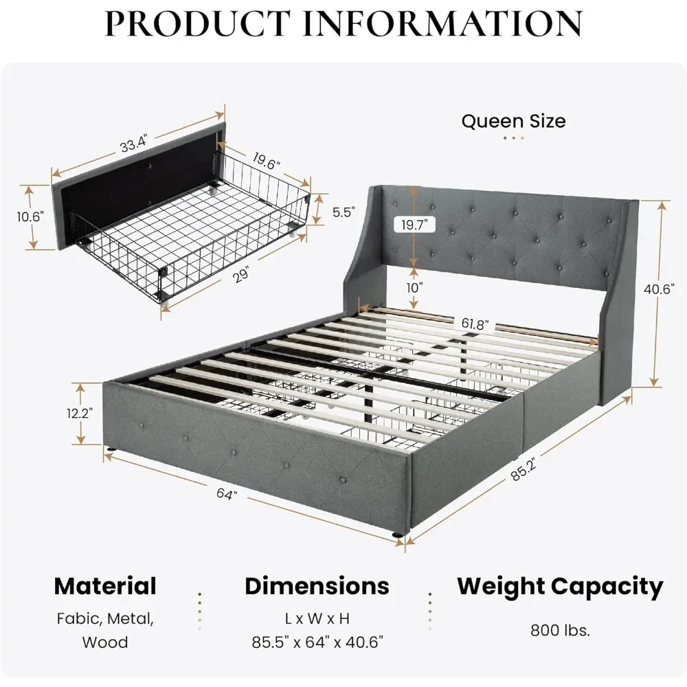 Upholstered Queen Size Platform Bed Frame with 4 Storage Drawers and Wingback Headboard, Diamond Stitched Button Bed Frames