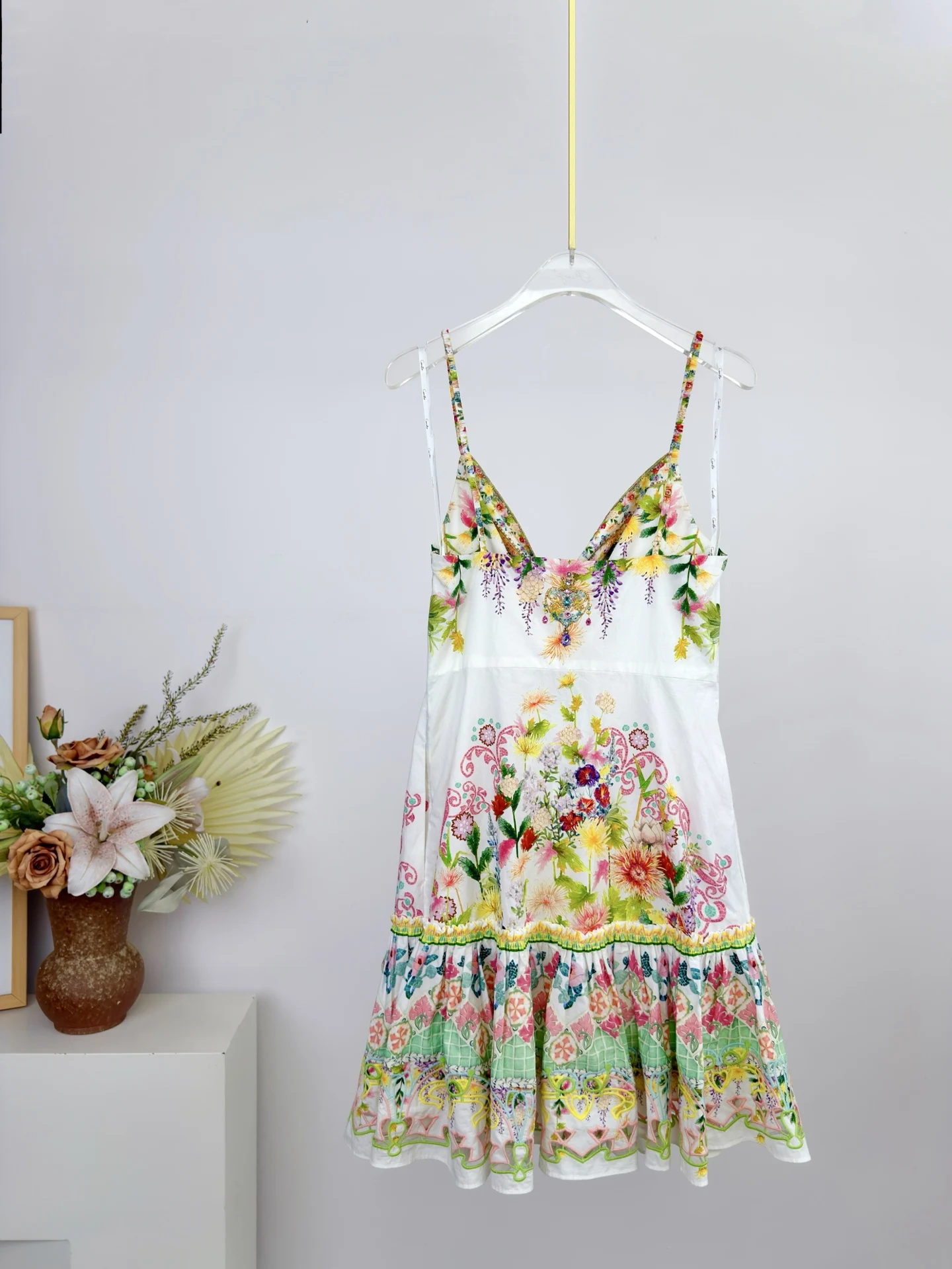 Women Bohemian Floral Maxi Dress Spaghetti Strap Lace Panel Ruffle Long dress Holiday Beach Dress