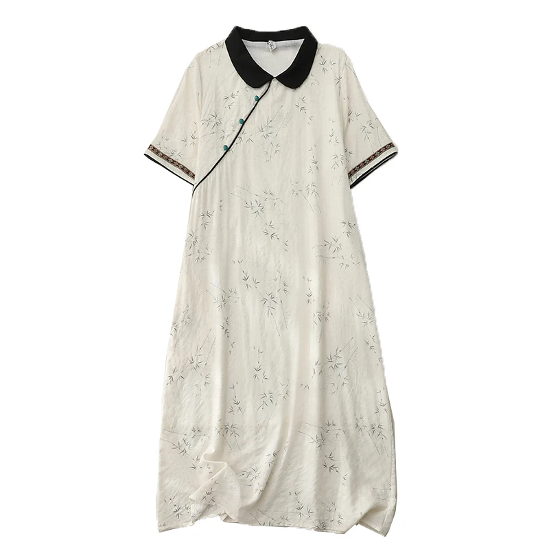 جديد الصينية Sle فضفاضة تناسب الرجعية طباعة تشيباو الدكتور المرأة الركبة طول نسخة معدلة مزيج القطن الصيف الدكتور