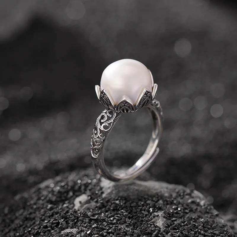 

Classic Precious Exotic South Sea Natural White 11-12mm Real Pearl Retro 925 Silver Lotus Ring Adjustable Size Free Shipping