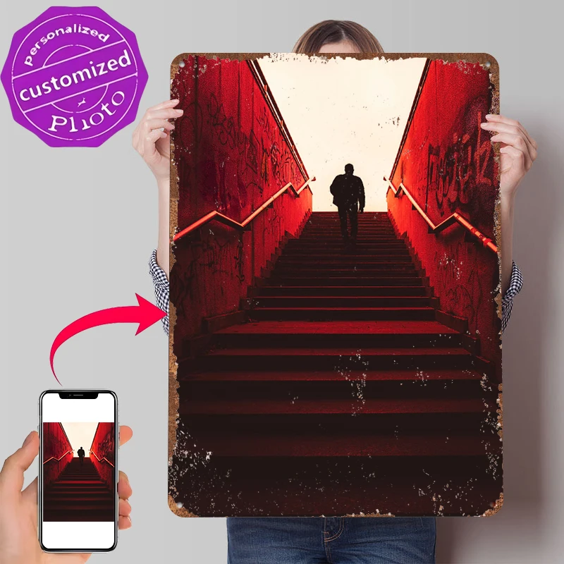 Red Stairway Silhouette Tin Poster Customized Wall Art Retro Vintage Metal Signs for Fans Room Bedroom Decoration Aesthetic Home
