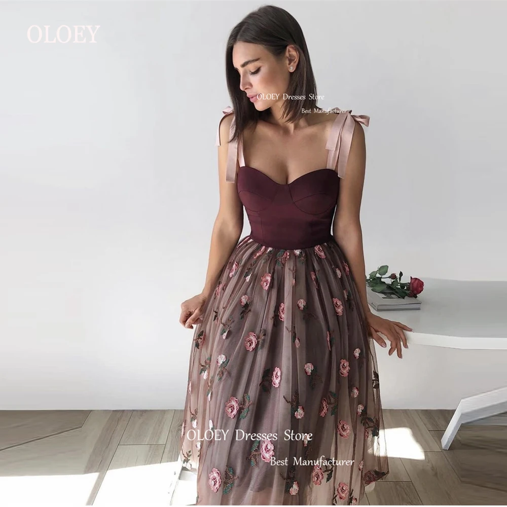 Oloey Vintage eine Linie gedruckt kurze Abschluss ball Party kleider mit verstellbaren Trägern Schatz Tee Länge Dame Geburtstag formelle Kleider