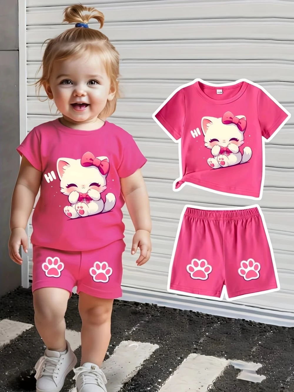 

2025 Girl Clothes Cute Animal Print Summer Children's Set Fashion O-Neck Top Tees Outdoor Loose Comfortable Children's Clothing