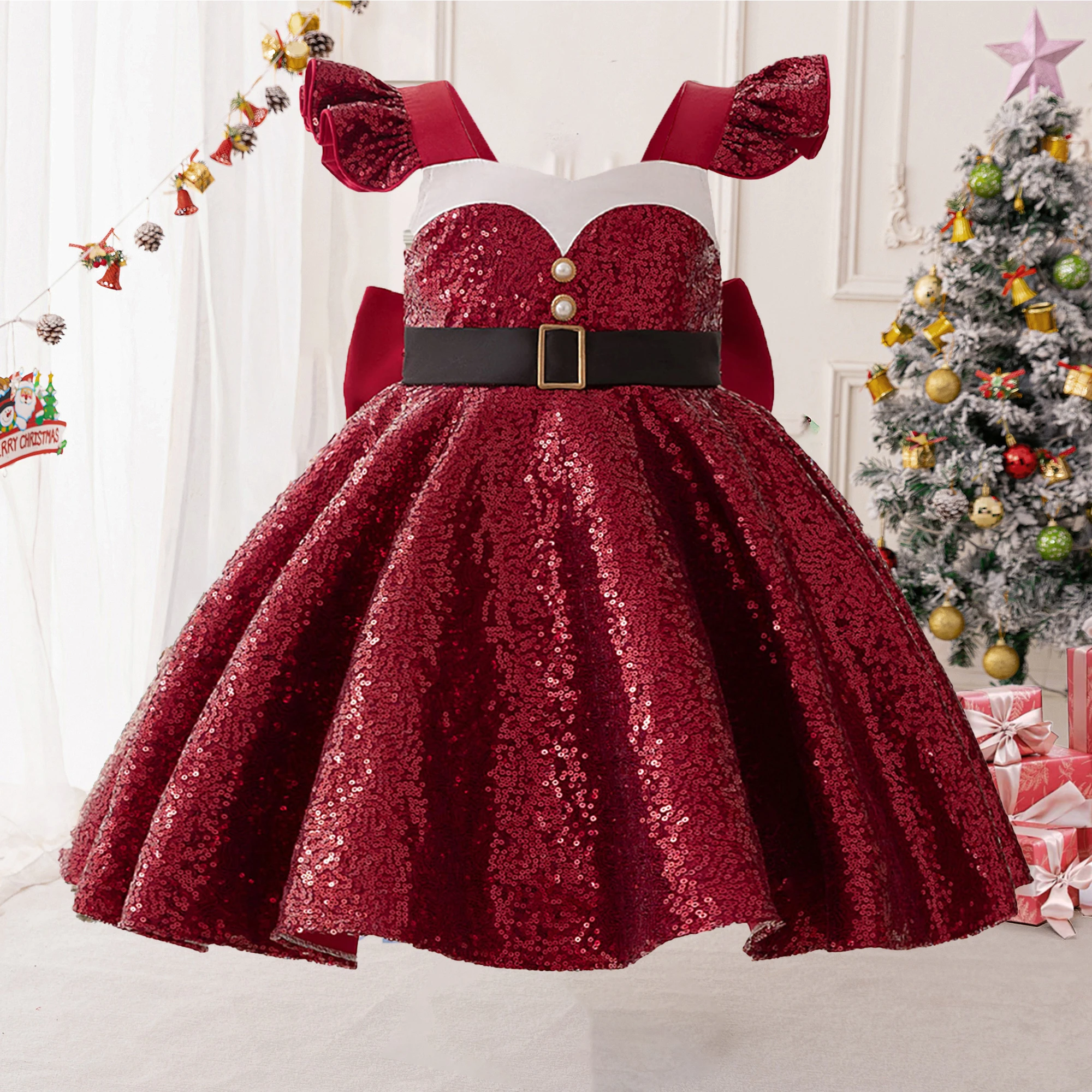 Elegant Red Sequin Christmas Costume for Girl Bow Wedding Bridemaid Princess Party Girls Dress Birthday New Years Kids Clothing