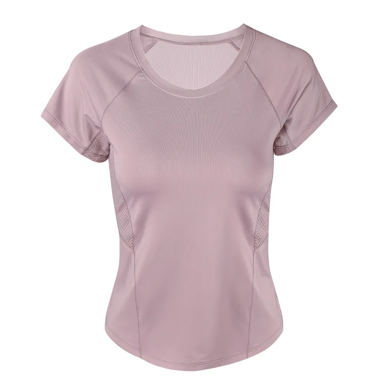 تي شيرت بأكمام قصيرة للنساء ، بلوزة قصيرة برقبة مستديرة ، تنفس ، راحة ، ملابس رياضية من الحرير الثلجي ، الركض ، الصيف ، Yoga