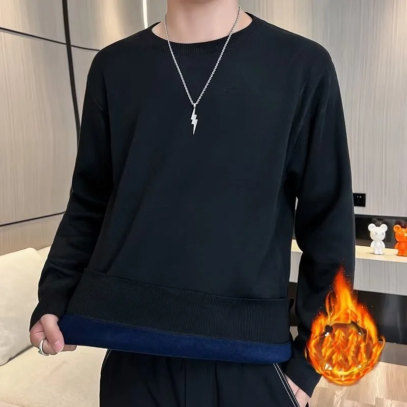 Large size sweater for men in winter, loose fit with thick velvet, solid color round neck, machine washable one-piece velvet kni