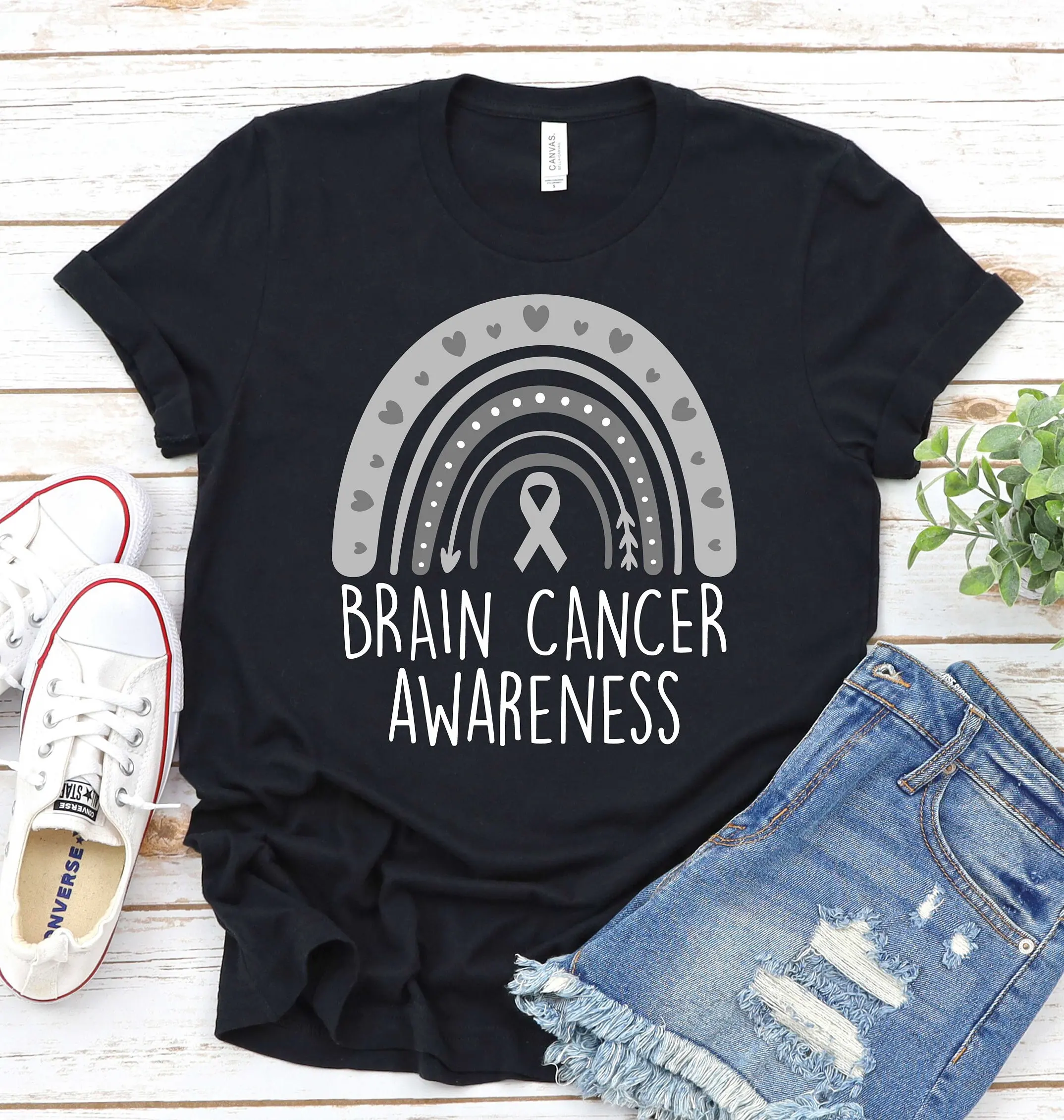 Brain Cancer Awareness Rainbow Shirt Tumor Gray Ribbon We Wear Grey May