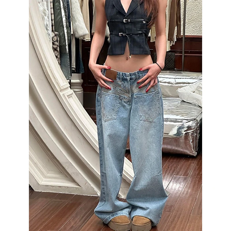 Jean Vintage bleu taille haute pour femmes, pantalon droit américain rétro brodé Baggy en Denim, Streetwear Y2K, jambes larges