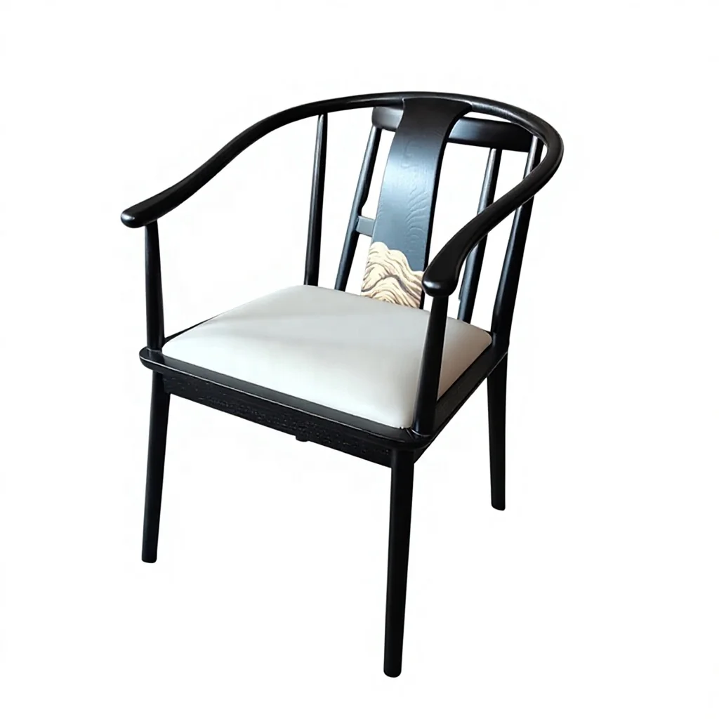 ER-New Chinese Style Solid Wood Leather Dining Chair with Armrest for Hotel Restaurant Dining Living Room Hotel Villa  Chair~