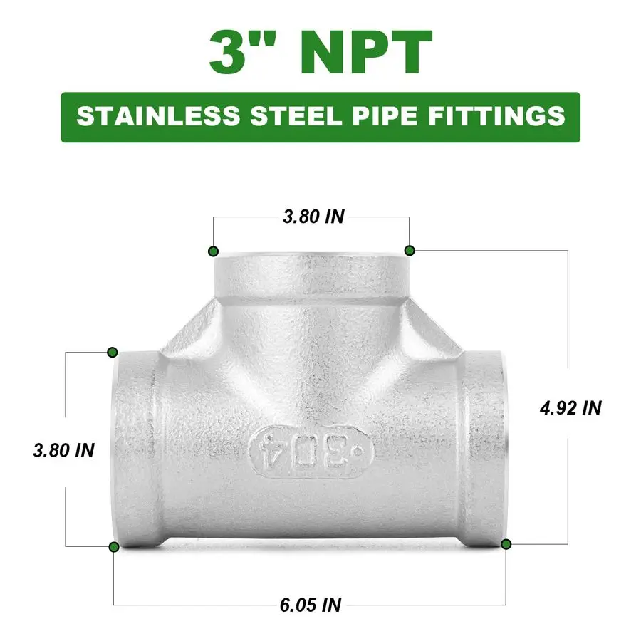 1 個の 304 ステンレス鋼ティーパイプ継手、3 x 3 x 3 NPT メスパイプ継手