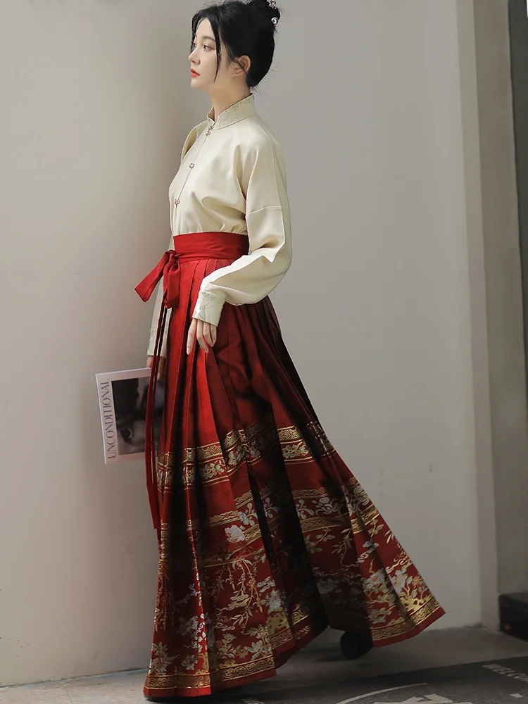 

Шелковая юбка HuaZhao Premium в стиле династии Мин с воротником-стойкой и вертикальным воротником для женщин, лето 2023