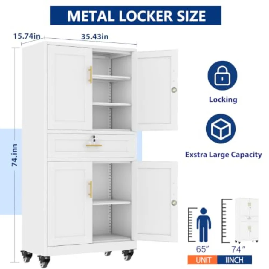 Metal Garage Storage Cabinet with Locking Drawers and Adjustable Shelves, H Rolling Tool Storage with Wheels for Garage, Office
