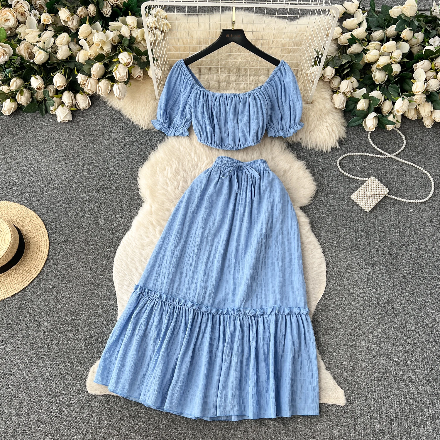 

Beach Holiday Suits Wear Women New Fashion Square Neck Short Sleeve Short Crop Topds + High Waist Skirt Two Piece Sets L481