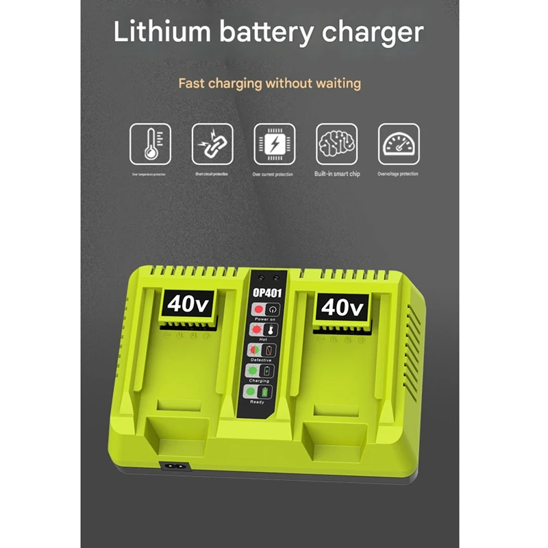 DT23 OP401 Dual Port Battery for Ryobi 40V OP4040 OP4050, EU Plug, Intelligent Safety Protection, 2A Output