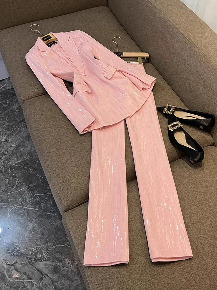 

Pink Sequin Ele High Waist Pants Suit Casual Sle Women's Outerwear Set Faionable Chinese Manufacturer