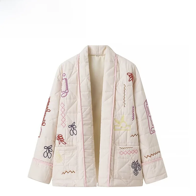 

ZBZA Autumn New Women's Faionable Casual Sle Cotton Jaet with Embroidery Design Kimono Coat Long Sve Street Sle