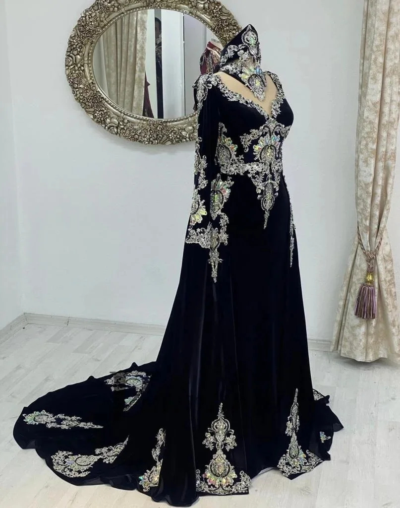 Schwarzer marokkanischer Kaftan, muslimische Abendkleider mit langen Ärmeln, Applikationen, Perlen, Dubai, arabische Abaya, islamisches Kleid, maßgeschneidert