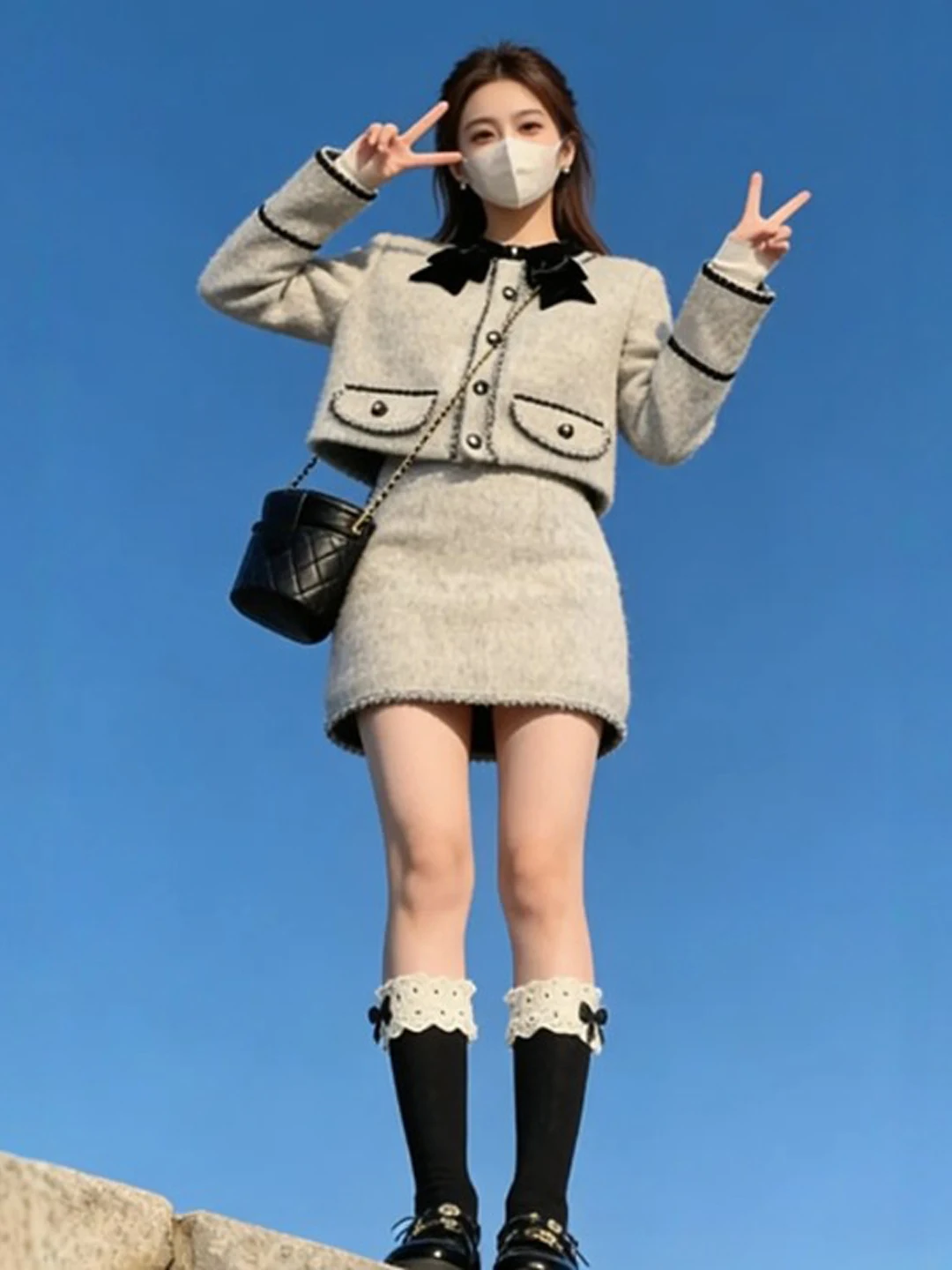 

Ретро-костюм с пальто и юбкой для женщин: модный весенний комплект с высокой талией, облегающий, в корейском стиле, удобный, из полиэфирного волокна