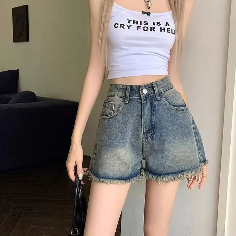 

American Hotsweet Rough Selvage Denim Shorts Summer Vintage A-Line Women's Clothing High Waist Button Distressed Straight Shorts