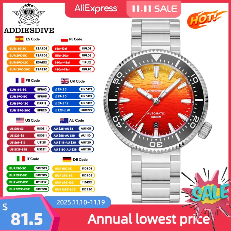 Addiesdive ساعات أوتوماتيكية للرجال 1000 متر مقاوم للماء الياقوت لهب الغيوم الملمس الفاخرة BGW9 مضيئة جديد AD2526 ساعة الغوص