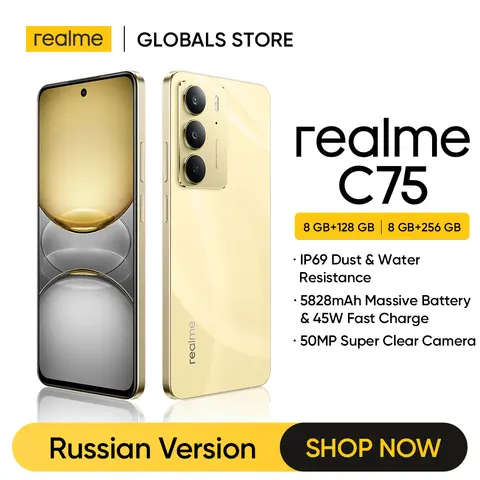 [러시아어 버전] realme C75 스마트폰 NFC Helio G92 Max 칩셋 45W 충전기 6.72'' 90Hz 디스플레이 50MP 카메라 5828mAh 배터리