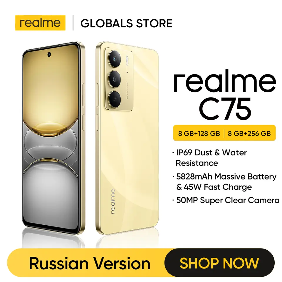 [النسخة الروسية] هاتف ذكي ريلمي C75 NFC مع معالج Helio G92 Max، شاحن 45 وات، شاشة 6.72 بوصة بمعدل تحديث 90 هرتز، كاميرا 50 ميجابكسل، بطارية 5828 مللي أمبير في الساعة