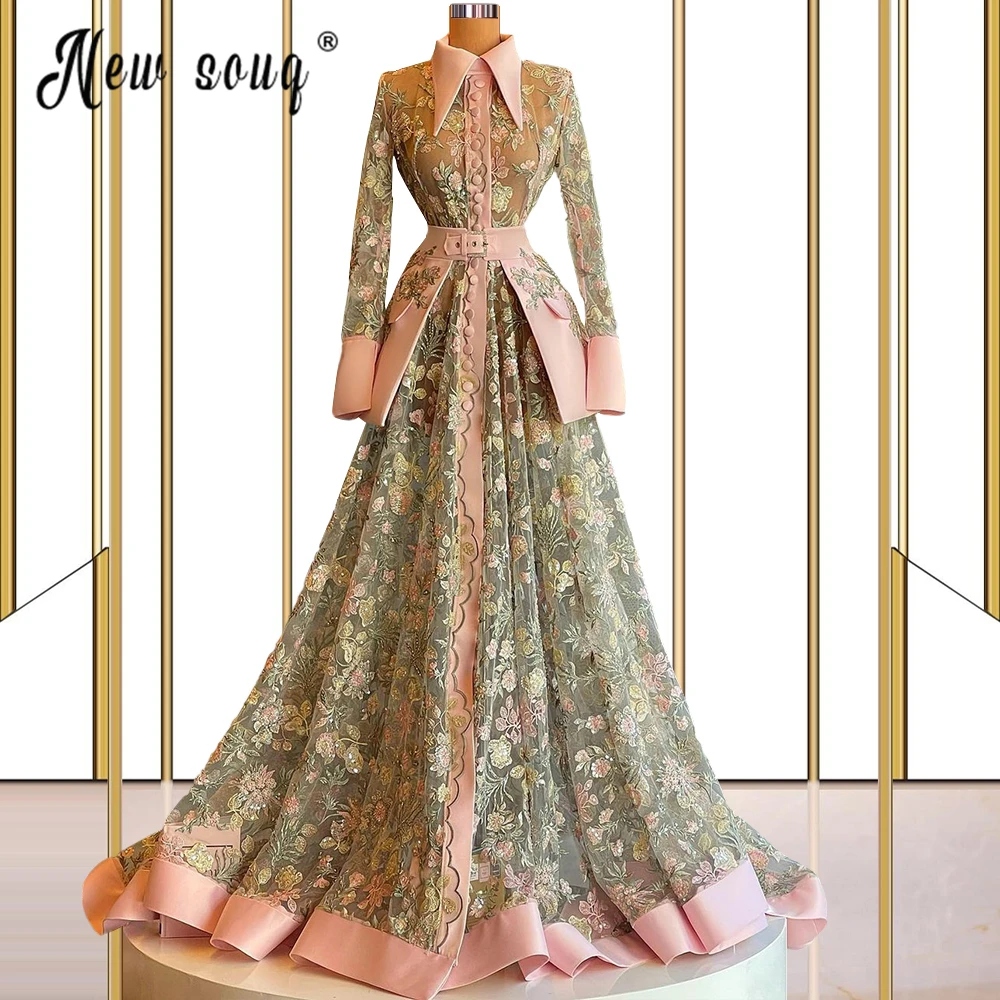 

Robe De Soirée De Mariage Long Sleeve Muslim Flower Evening Dress 2022 Dubai Arabic Prom Gowns Pink Embroidery Formal Dresses