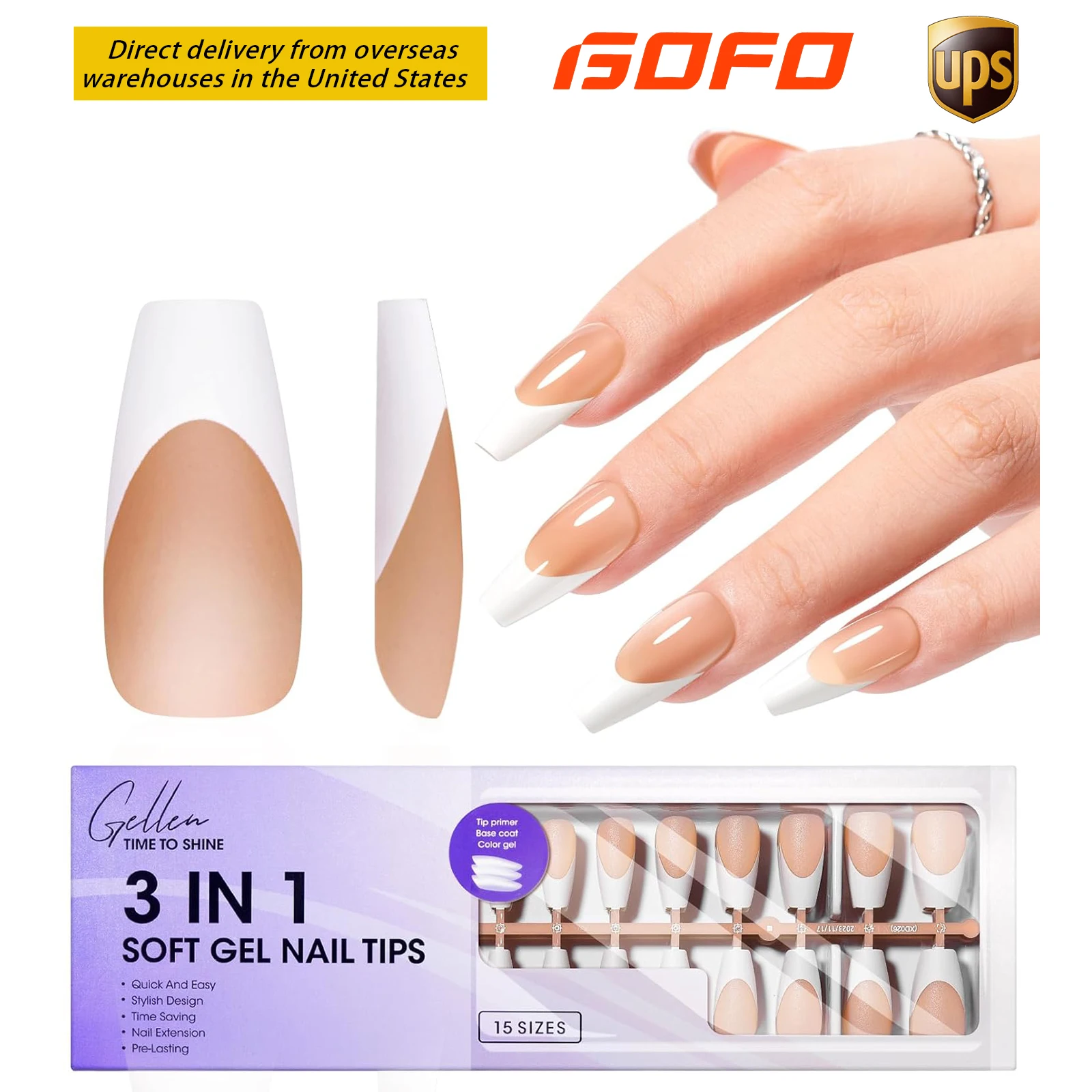 

GELLEN Fake Nail 150Pcs Medium Coffin Press On Nails French Tip Brown Gel Kit Pre applied Primer Base Coat 3 in 1 DIY Nail Art