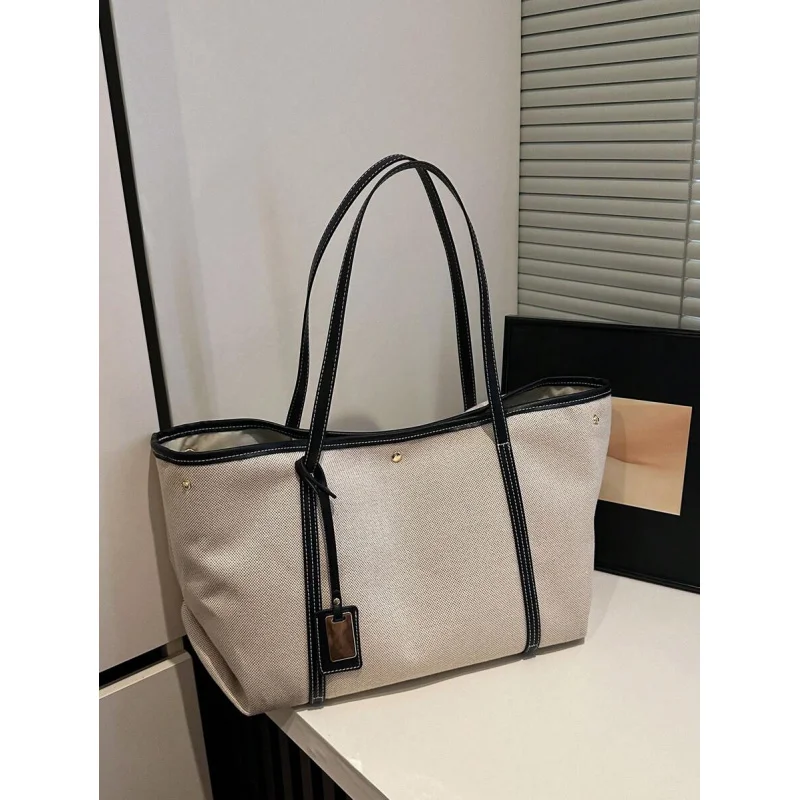 

1pc Women's Contrast Color Large Capacity Shoulder Bag, Fashion Linen Fabric With PU, Suitable For Commuting, Office, School