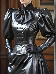 Women Vintage Stand Collar PU Leather Long Sleeve Blouse Cinched Solid Bow Puff Sleeve Leather T Shirt High Street Streetwear