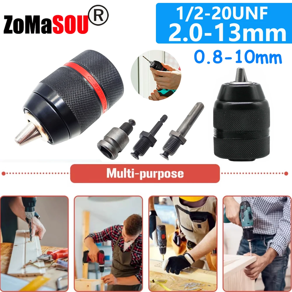 Metal Drill Chuck 1/2-20UNF 10mm 13mm Keyless Metal Heavy Duty Self-tighten Electric Drill Bit with Hex Shank/SDS Power Drill