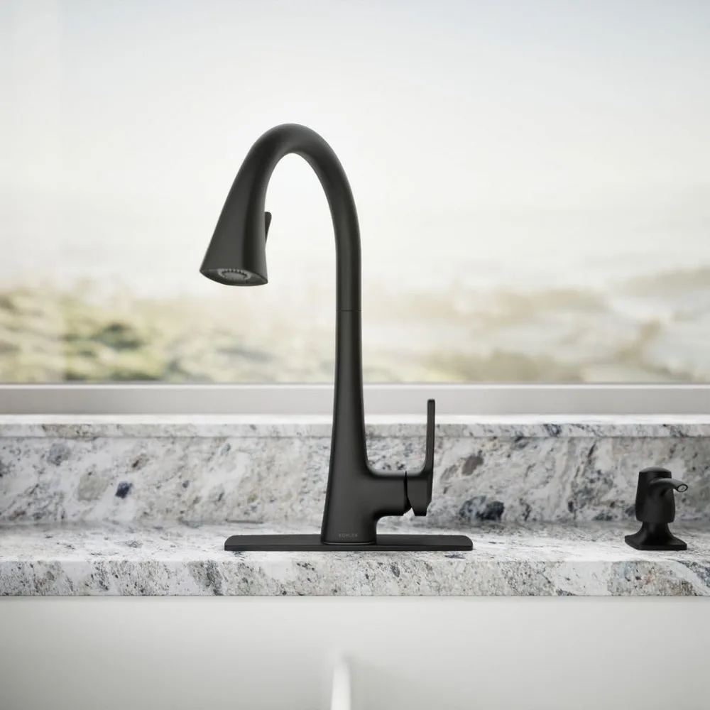 Kohler Maxton Torneira de cozinha removível preta fosca com dispensador de sabonete e pulverizador